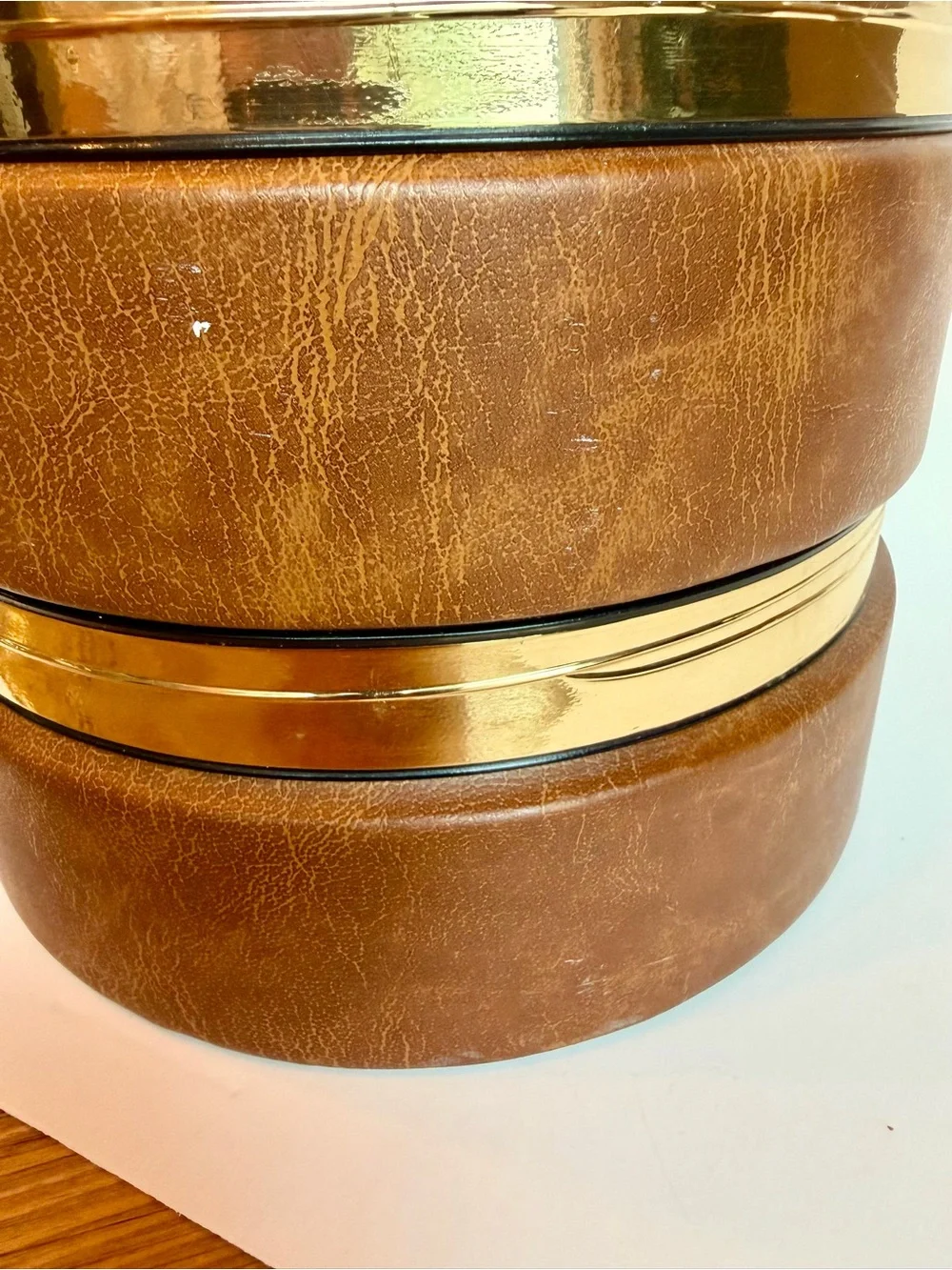 Vintage Faux Leather Ice Bucket Gold Tone Handle Mid Century Barware Brown